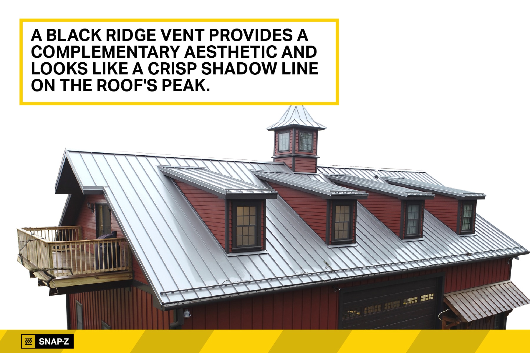 a black ridge vent provides a crisp shadow line on the roof's peak