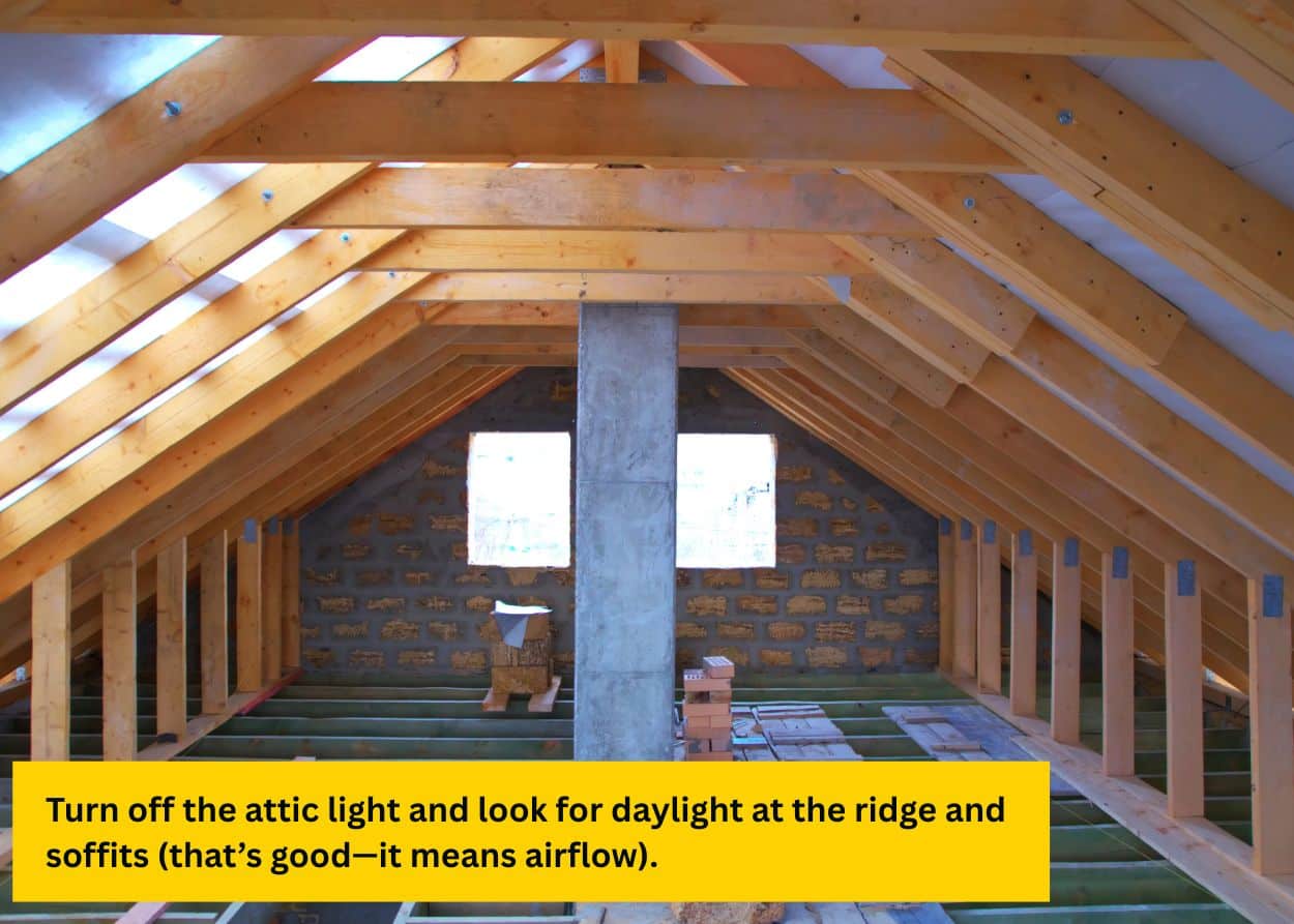 Unfinished attic with exposed rafters showing roof ventilation openings during seasonal maintenance. Caption: Turn off the attic light and look for daylight at the ridge and soffits (that’s good—it means airflow).