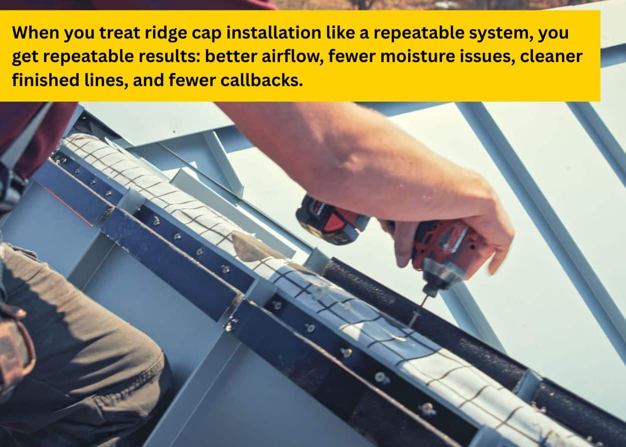 Roofer fastening ridge cap components during metal roof installation.