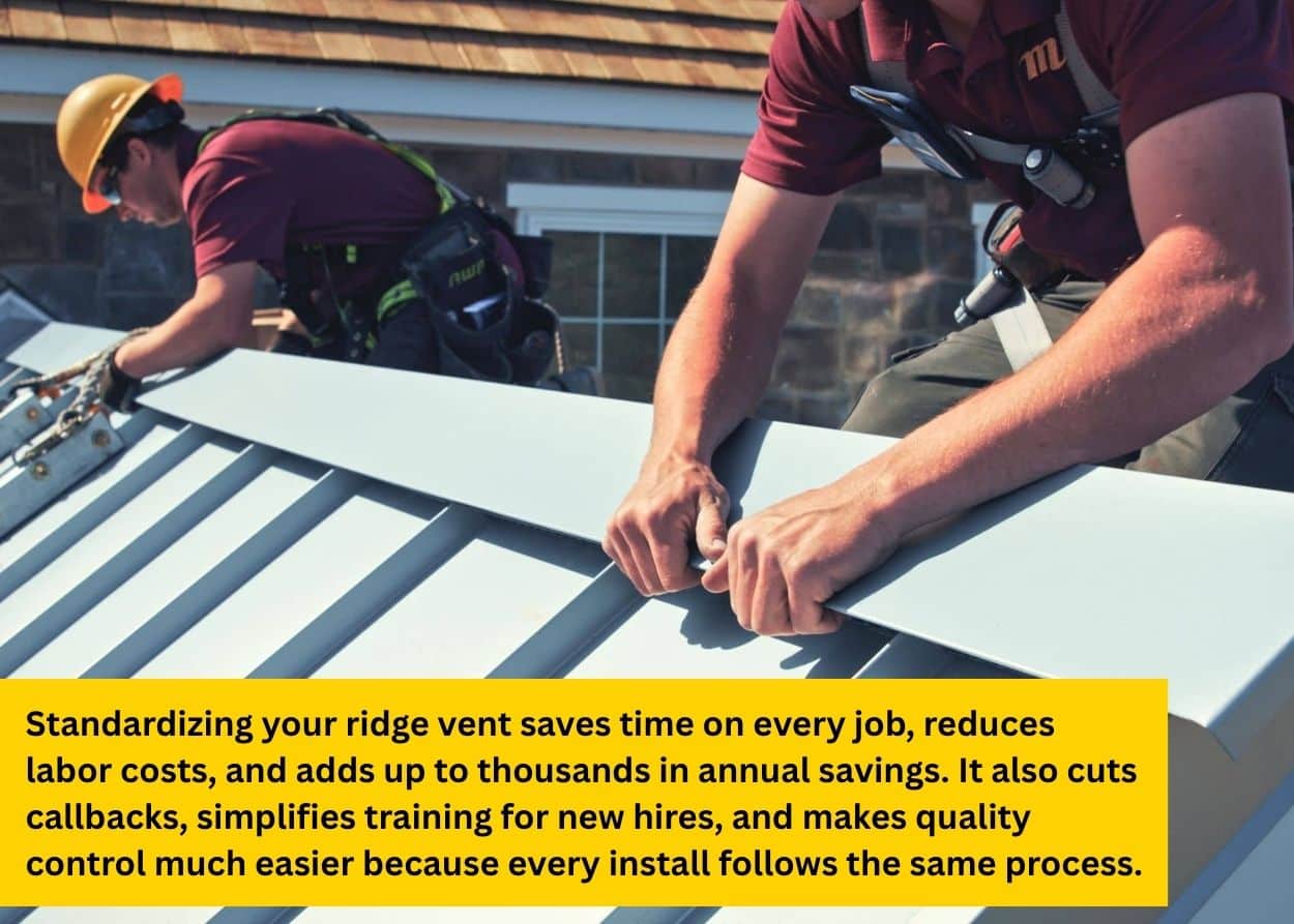 Roofing crew installing ridge cap and vent system on residential metal roof